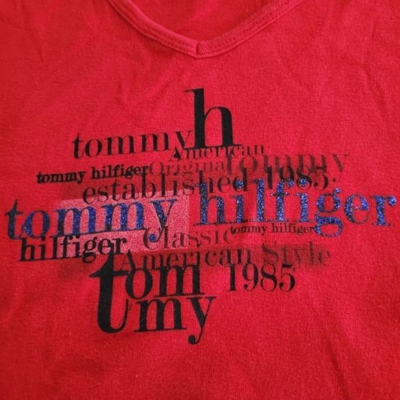 TOMMY HILFIGER Retro Y2K V Neck Tee Top T Shirt Womens 1X Red Logo Designer - Picture 2 of 5